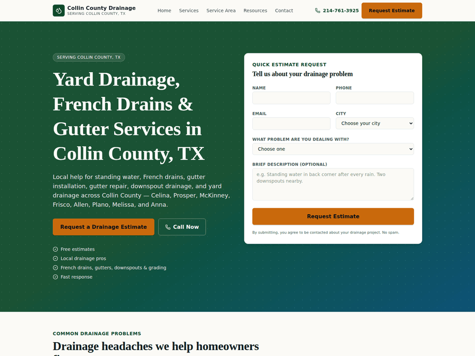 Screenshot of the Collin County Drainage website homepage.