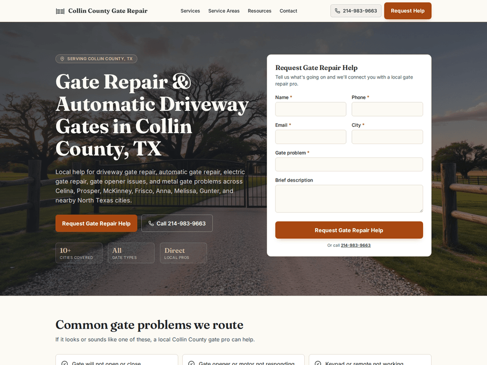 Screenshot of the Collin County Gate Repair website homepage.