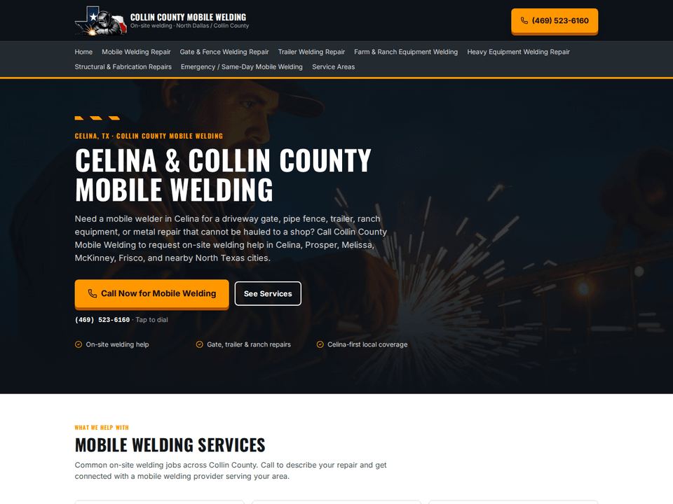 Screenshot of the Collin County Mobile Welding website homepage.