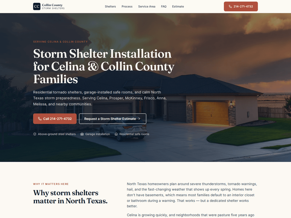 Screenshot of the Collin County Storm Shelters website homepage.