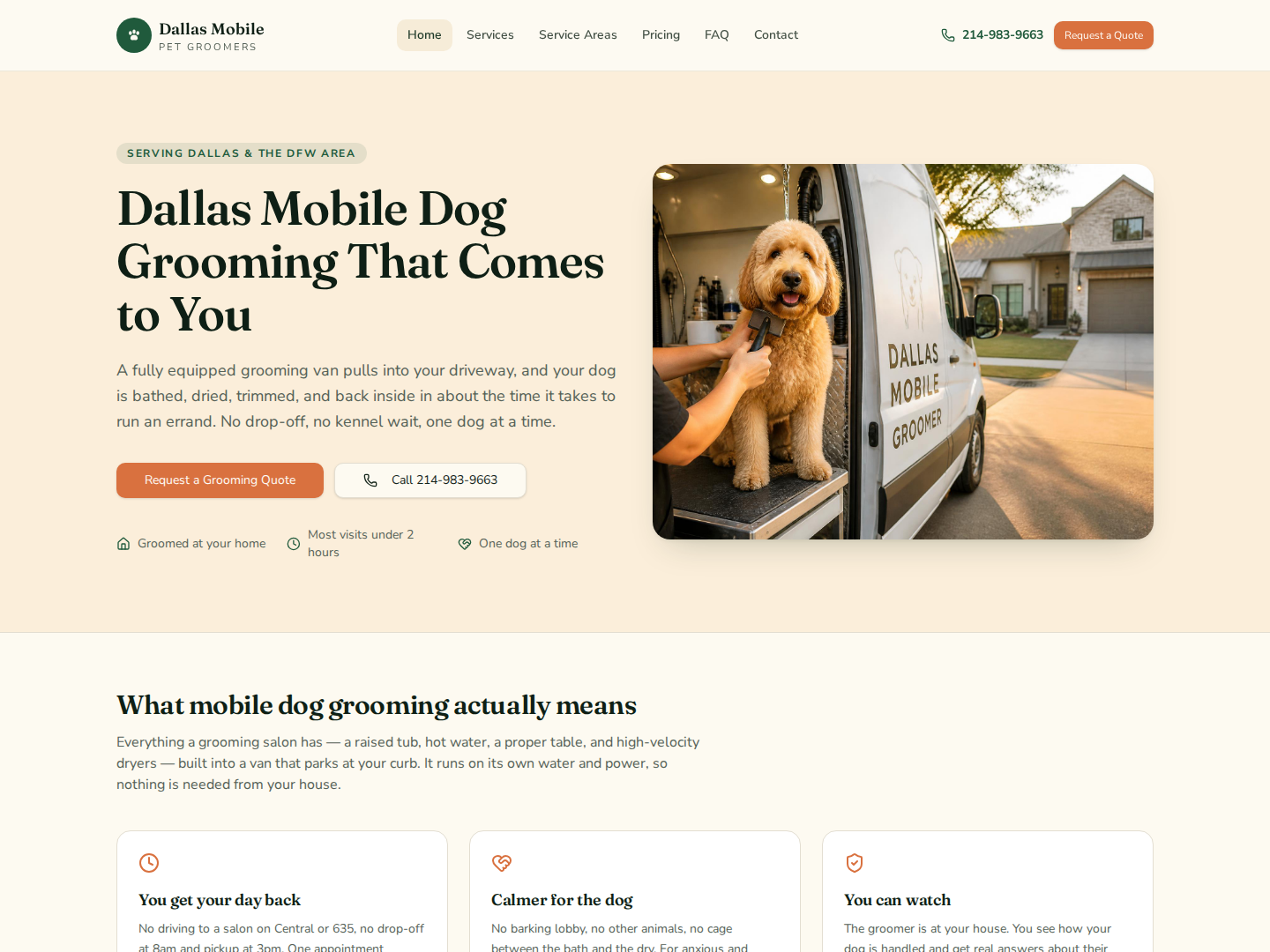 Screenshot of the Dallas Mobile Pet Groomers website homepage.