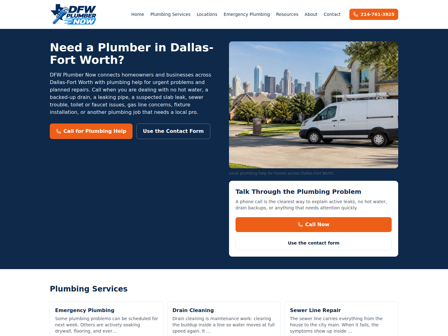 Screenshot of the DFW Plumber Now website homepage.