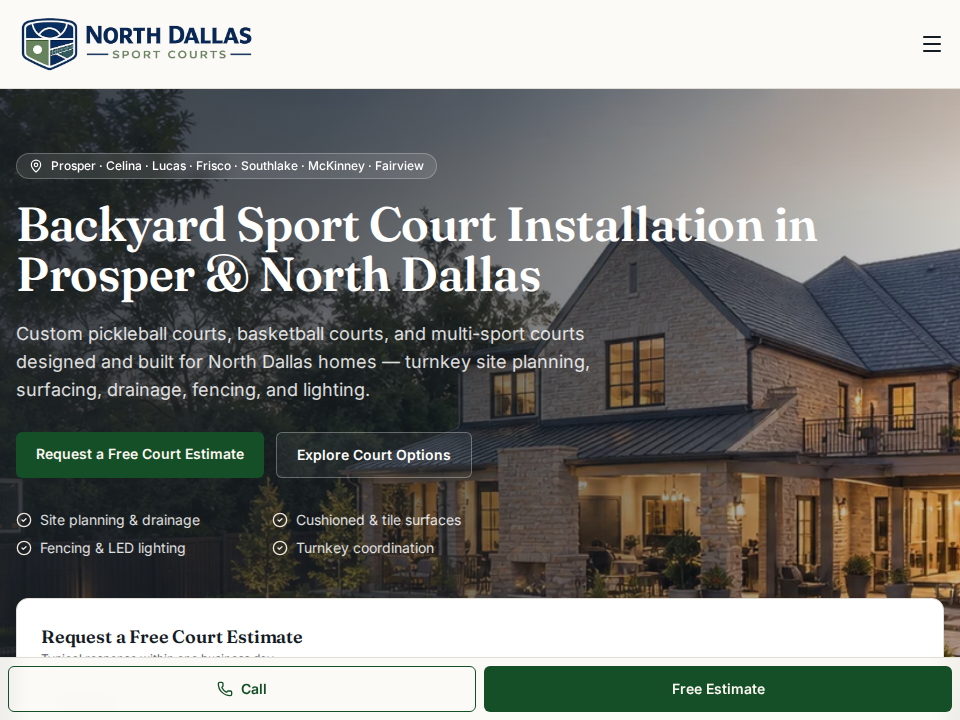 Screenshot of the North Dallas Sport Courts website homepage.