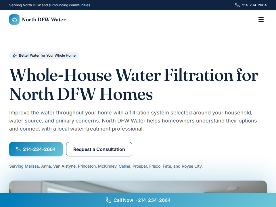 Screenshot of the North DFW Water website homepage.