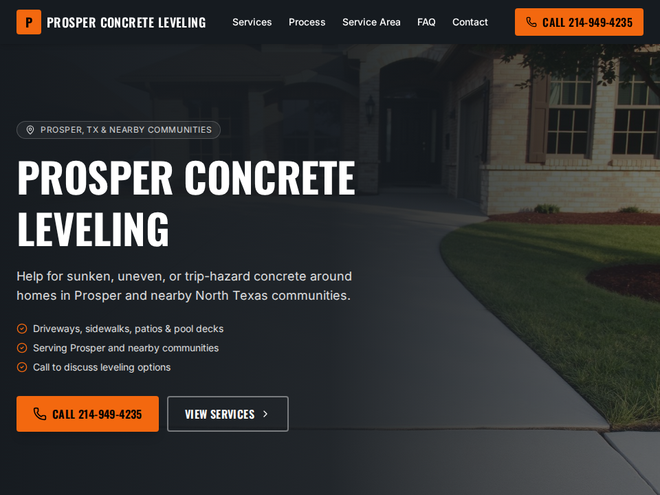 Screenshot of the Prosper Concrete Leveling website homepage.